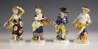A set of four Chelsea-style porcelain figures, 20th century, depicting the four seasons, each with