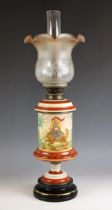 A Victorian Aesthetic Movement pottery and brass oil lamp, late 19th century, the cylindrical body