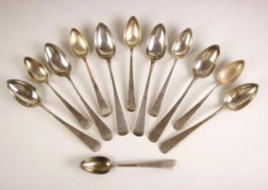 A set of six white metal table spoons, stamped to interior of bowl, 19.5cm long, with a set of six