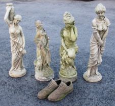 Four reconstituted stone garden ornaments, each modelled as a female classical figure, from 60cm