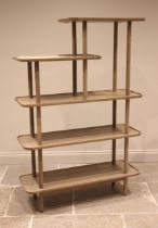 A contemporary oak freestanding open display stand, early 21st century, formed with five tiers