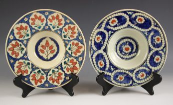 Meliha Coskun (contemporary Turkish), two studio pottery broad rimmed bowls, each decorated in an