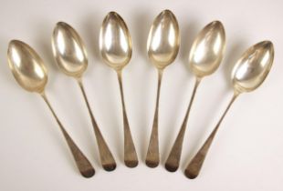 A set of six Edwardian silver Old English pattern serving spoons, ‘JHB’ London 1907, with crest