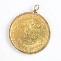 An American $20 coin, within 9ct yellow gold mount, 35gms