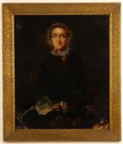 English school (19th century), Half length portrait of a seated lady dressed in black reading a