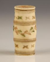 A Napoleonic era prisoner of war carved bone needle case, early 19th century, of swollen cylinder