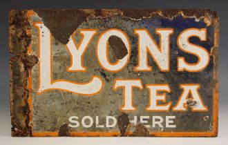 A Lyons' tea enamel advertising sign, 20th century, of double sided rectangular form, the white