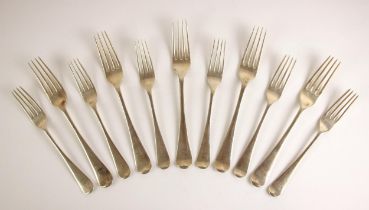 A set of six Edwardian silver Old English pattern dessert forks, ‘JHB’ London 1907, engraved with