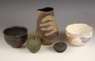 A selection of studio pottery, 20th century and later, to include an earthenware jug, the body