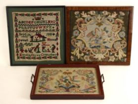 A Victorian wool work sampler worked by Emma Olive Croucher and dated 'Sept:26 1881', depicting a