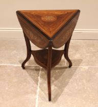 A Victorian rosewood and marquetry drop leaf occasional table, the triangular top centred with an