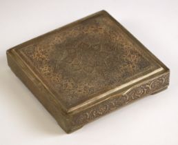 A white metal box, possibly Persian, the square hinged cover with mandala pattern and conforming