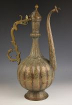 A gilt brass ewer, possibly Islamic, 20th century, of typical form, the body decorated with