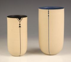 Louise Darby (British, b.1957), a studio pottery cylinder vase with black glazed interior, pierced