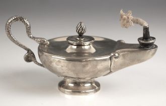 An Edwardian silver table lighter, Stokes & Ireland Ltd, London 1909, in the form of 'Aladdin's' oil