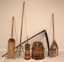 A selection of wooden agricultural implements, 19th century and later, to include a pitchfork, 164cm