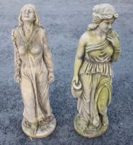 Two reconstituted garden ornaments, each modelled as a classical female figure wearing robes,