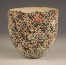 Clare Conrad (b.1948), a studio pottery stoneware vessel with torn rim, the body decorated with a