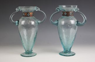 A pair of modern classical style crackle glass vases, each of urn form with diamond pierced copper