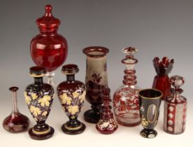 A selection of glassware, 20th century and later, to include: a red glass bonbon jar and cover, of