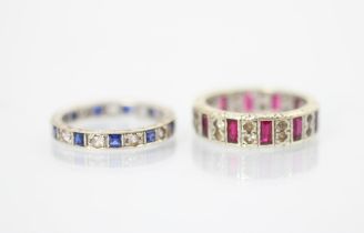 A paste and blue stone set full eternity ring, the calibre cut blue stones interspersed with paste