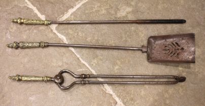 A set of three 19th century bronze and steel fire irons, the cast bronze handles with foliate