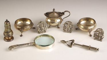 A selection of silver and silver plate, including a pair of George V silver open salts, indistinct