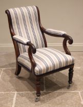 A mid 19th century rosewood open armchair, later re-covered in striped fabric, the raked upholstered