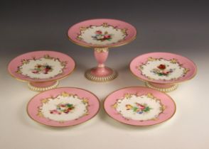 A continental porcelain part desert service, 20th century, comprising: a pair of tazzas, each 17cm