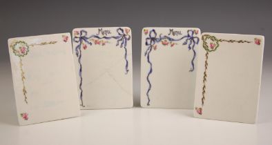 Four Royal Crown Derby porcelain menu holders, early 20th century, each with floral and foliate