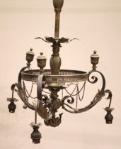 A brass three branch ceiling light fitting, early 20th century, the central baluster column with
