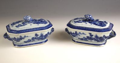 A pair of Chinese export porcelain blue and white sauce tureens and covers, Qianlong (1736-1795),