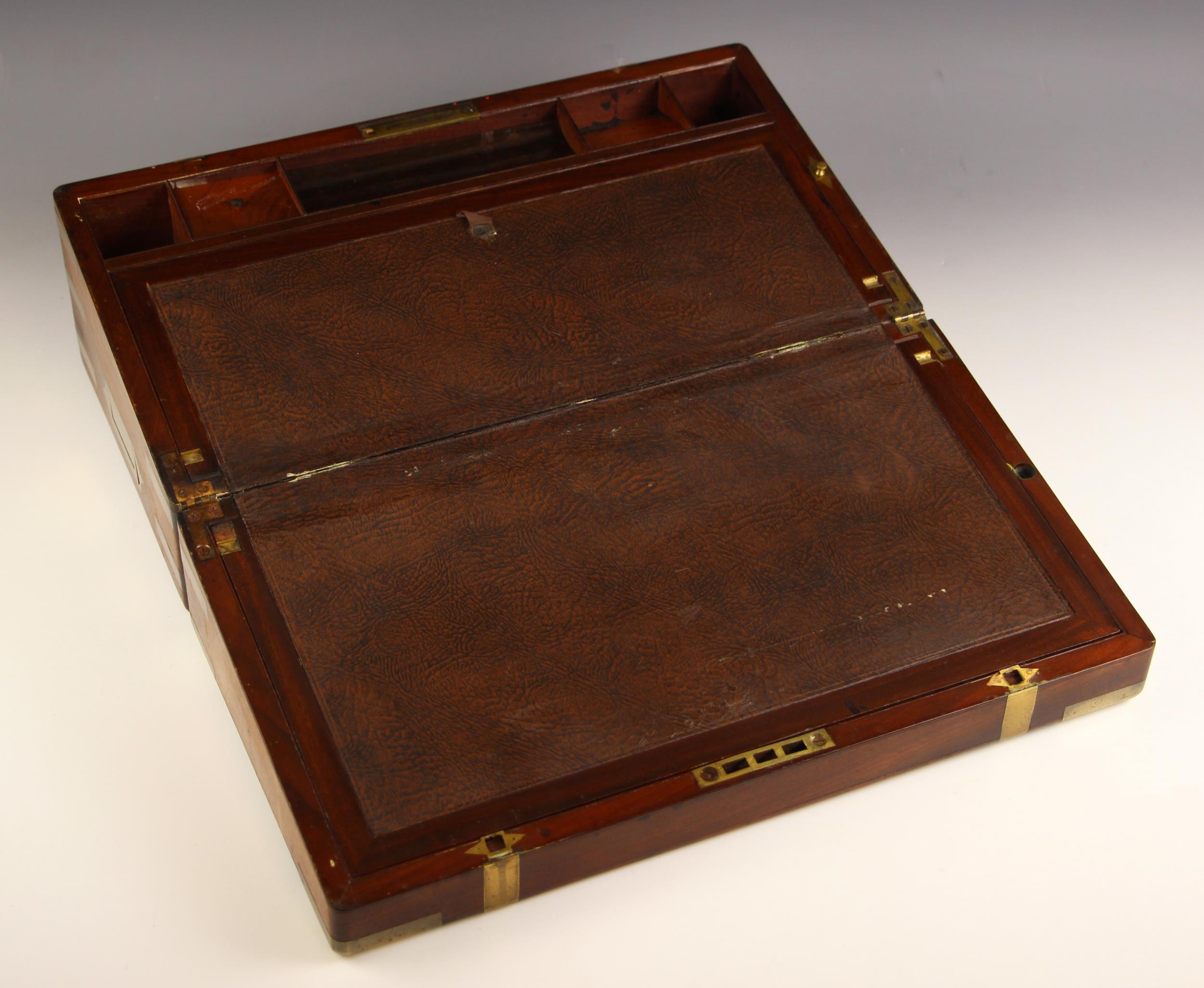 A 19th century mahogany brass bound stationery box, applied with a shaped brass cartouche, - Image 2 of 2