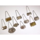 A selection of ten silver plated and white metal decanter labels, to include 'Sherry', 'Whisky', '