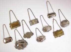 A selection of ten silver plated and white metal decanter labels, to include 'Sherry', 'Whisky', '