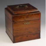 A George III mahogany apothecary box, the hinged cover with a brass swan neck swing handle opening