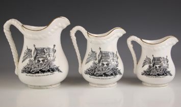 Three graduated GFB 'alliance jugs', mid 19th century, each transfer printed listing battles of