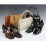 Four vintage handbags, to include a cream patent leather Waldybag example, together with a pair of