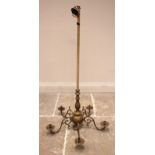 A brass Dutch style long drop chandelier, 20th century, the spherical boss with five scrolled 'S'