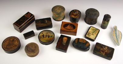 A selection of trinket and snuff boxes, 19th century and later, to include: a papier mache