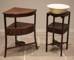 A George III mahogany washstand, the square top with central bowl aperture and associated lustre