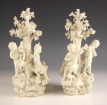 A pair of Derby Biscuit (Bisque) porcelain figural groups, circa 1780, each modelled as cherubs