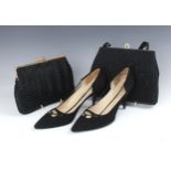 Two 1960s black evening handbags, along with a pair of Rayne suede black court shoes, with patent