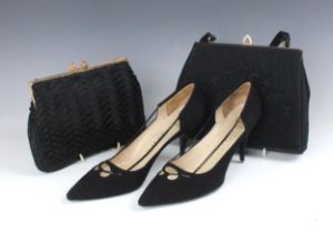 Two 1960s black evening handbags, along with a pair of Rayne suede black court shoes, with patent