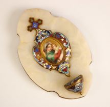 A Champlevé enamel and onyx holy water stoop, 19th century, the central panel depicting a section of