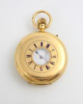 An 18ct yellow gold James Aitchison half hunter pocket watch, the white enamel dial with roman