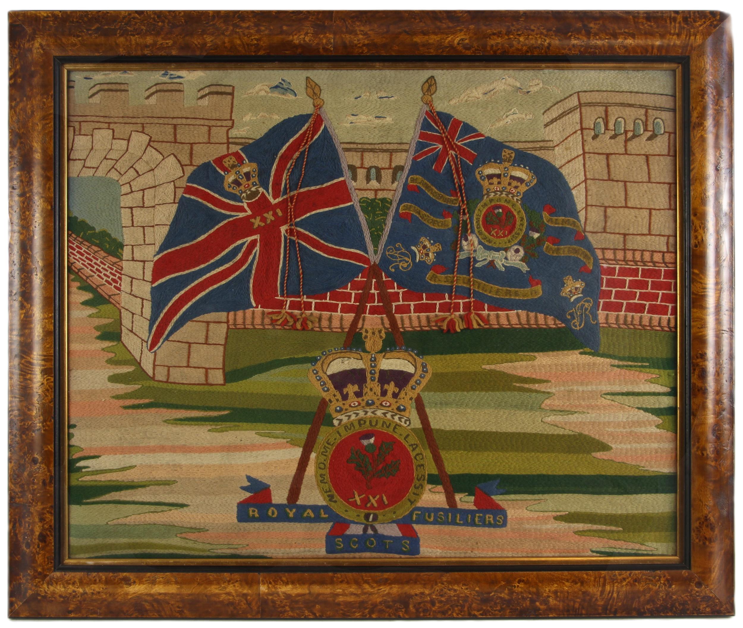 MILITARY INTEREST: A wool and silk work panel, 20th century, depicting the Regimental arms of the
