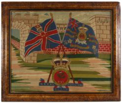 MILITARY INTEREST: A wool and silk work panel, 20th century, depicting the Regimental arms of the