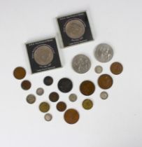 A Commonwealth two pence, half groat (1649-1660) with a 1791 token, two 1977 crowns, two 1981
