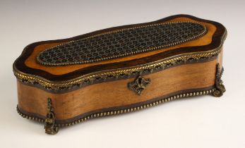 A French walnut and rosewood serpentine jewellery casket, mid-19th century, the hinged cover applied